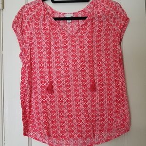 HINGE orange white tie neck short sleeve cotton blouse XS